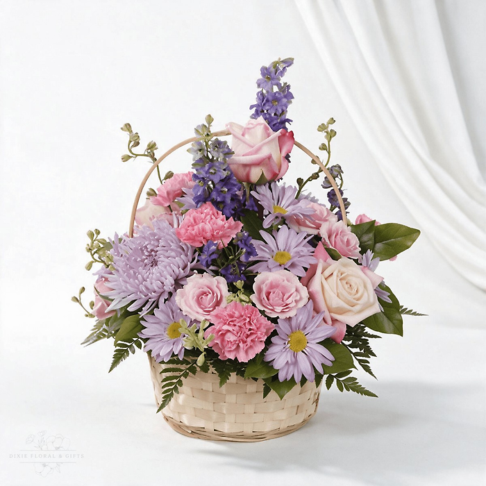 Basket Arrangement in Pastel Purple and Pinks