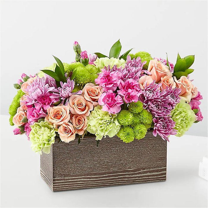 Spring Flowers in rectangular brown vase