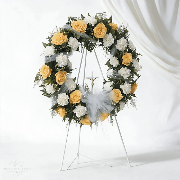 Yellow Roses and White Carnation Wreath with cross